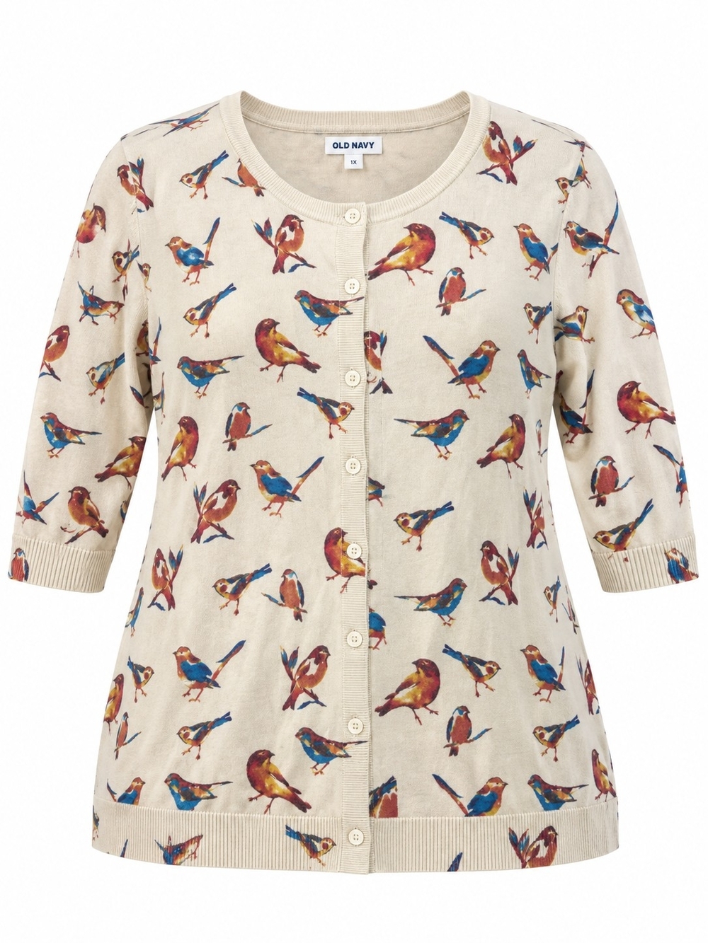 COLDWATER CREEK | Novelty Bird Print Cotton Blend Cardigan Sweater Plus | 1X
